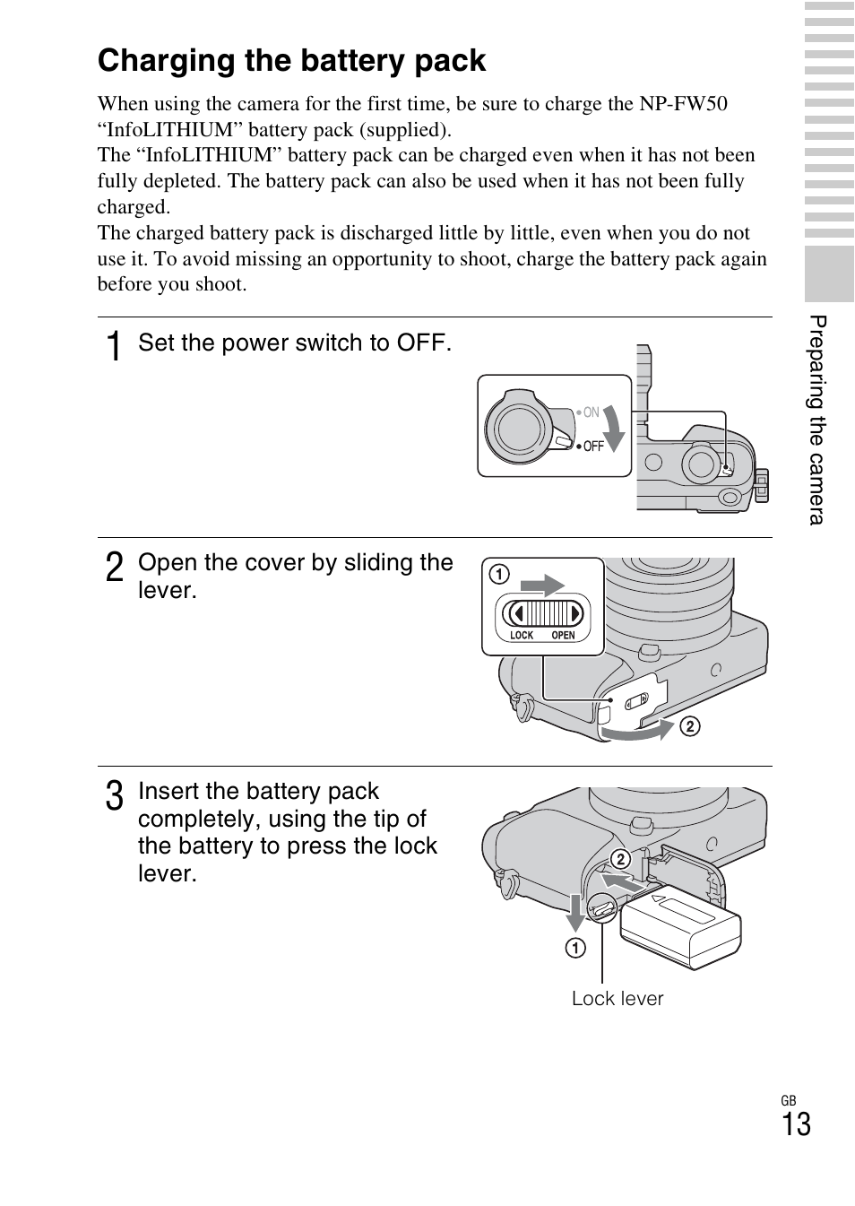 Charging the battery pack | Sony NEX-3NL User Manual | Page 13 / 88