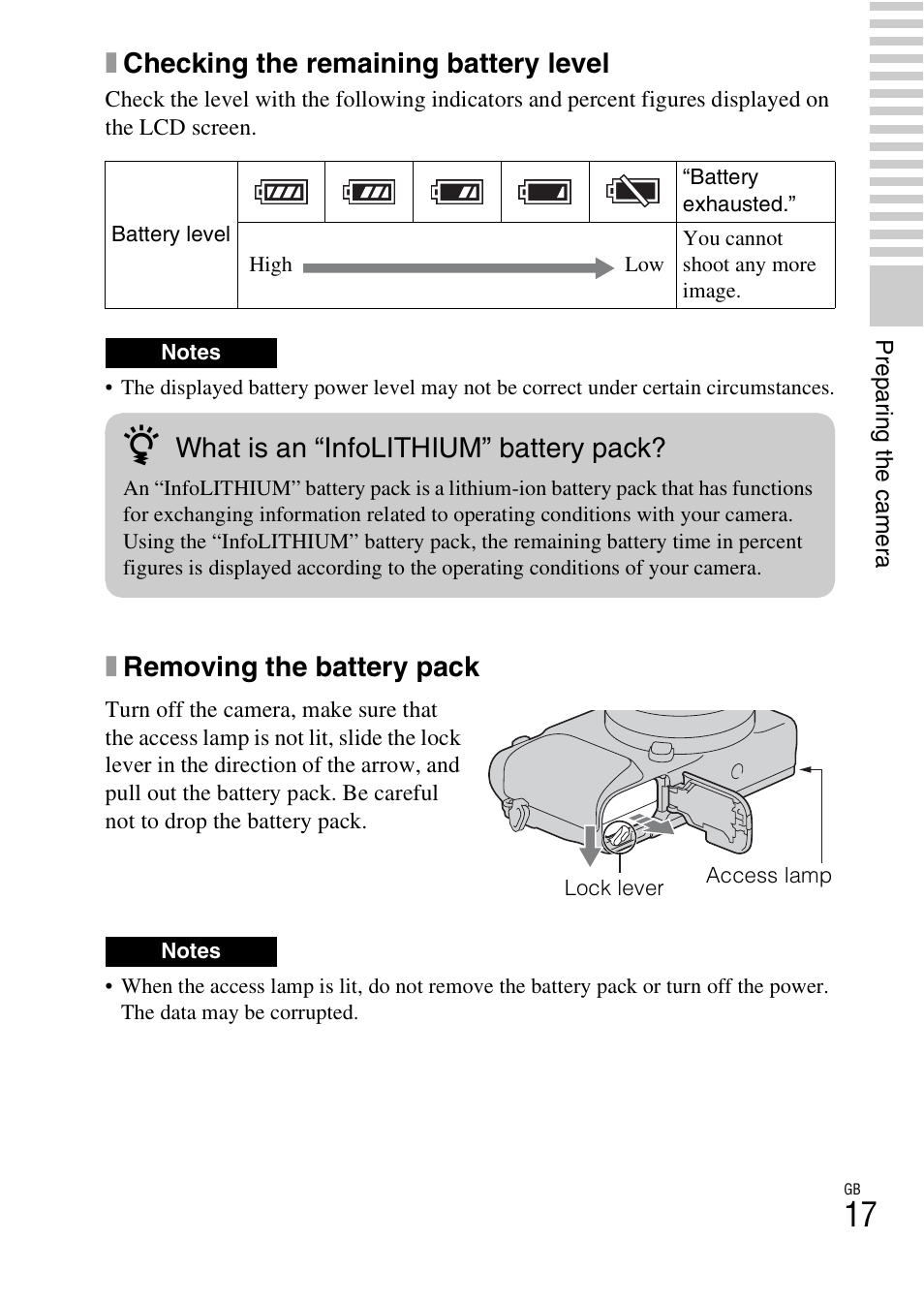 Xchecking the remaining battery level, Xremoving the battery pack, What is an “infolithium” battery pack | Sony NEX-3NL User Manual | Page 17 / 88