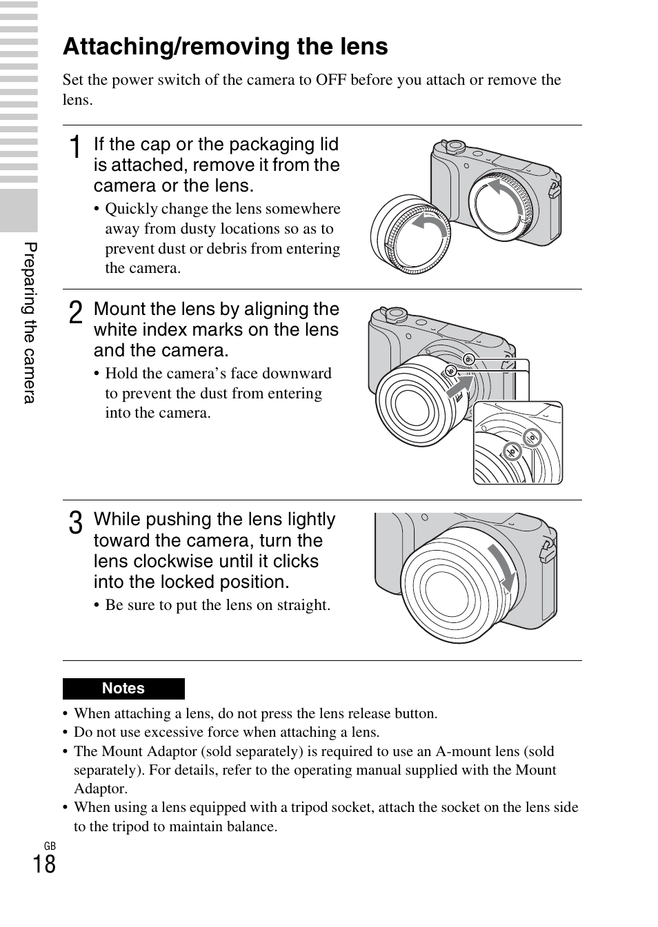 Attaching/removing the lens | Sony NEX-3NL User Manual | Page 18 / 88