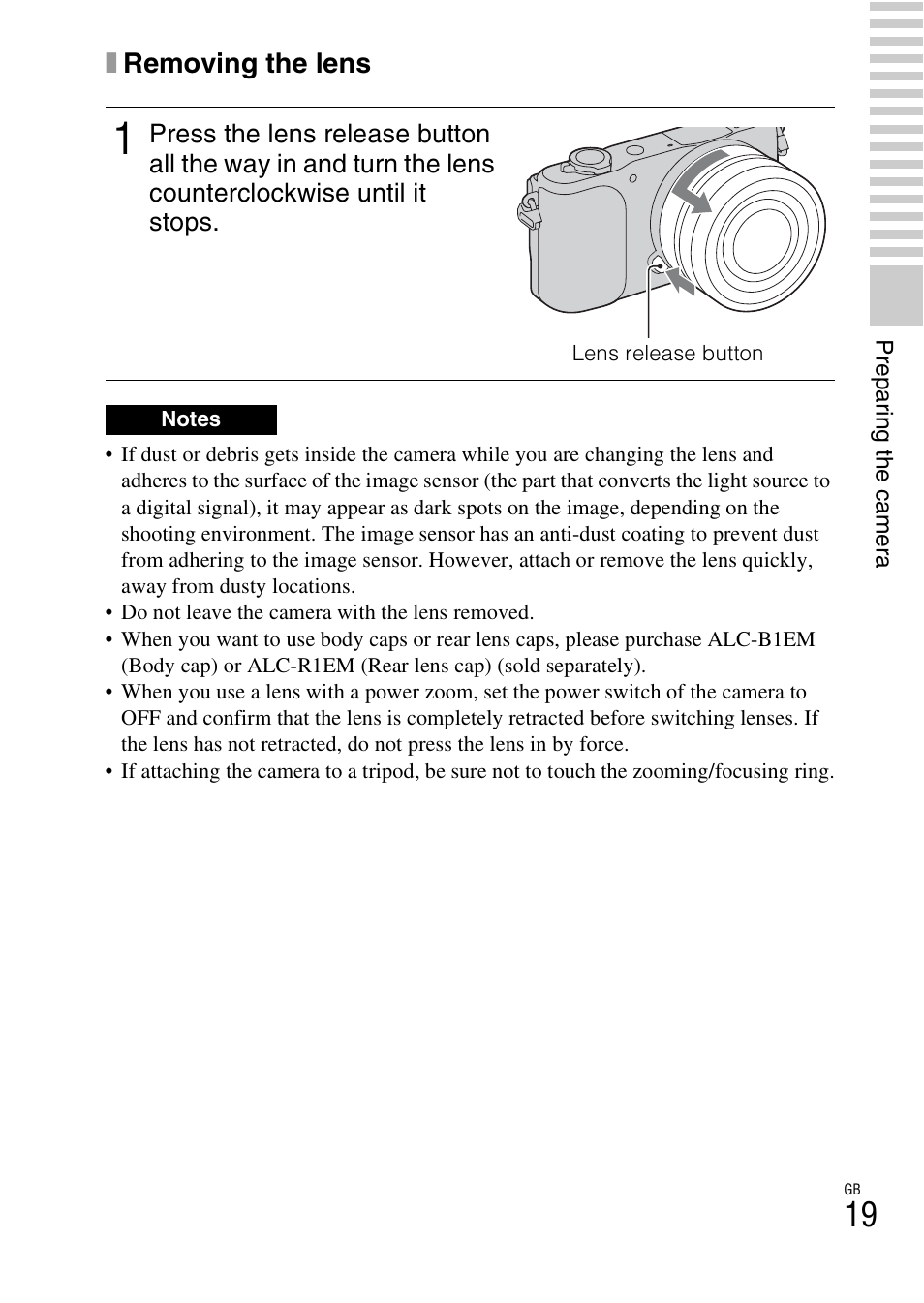 Ton (19), Xremoving the lens | Sony NEX-3NL User Manual | Page 19 / 88