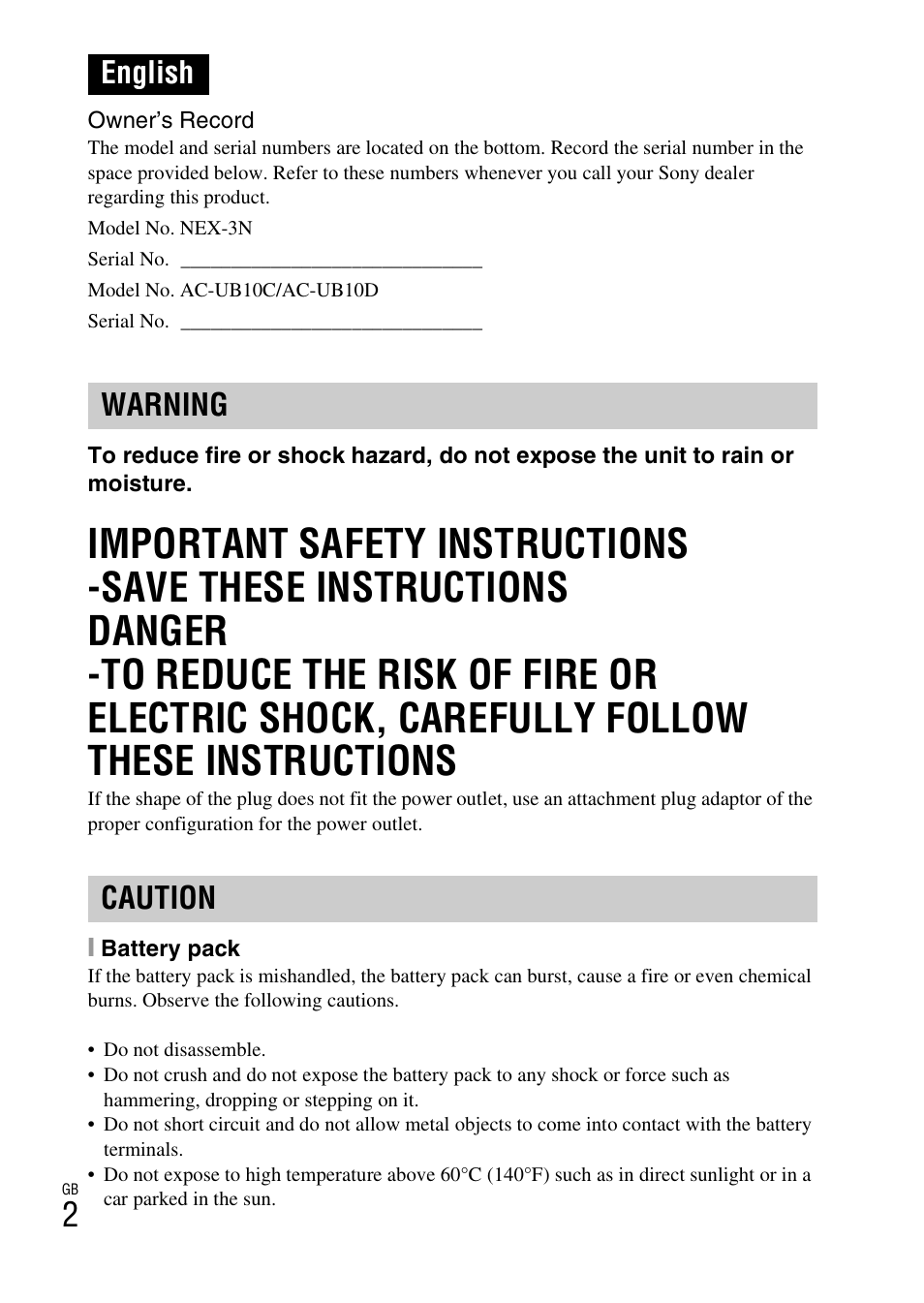 English warning caution | Sony NEX-3NL User Manual | Page 2 / 88