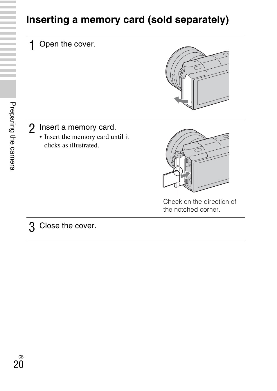 Inserting a memory card (sold separately) | Sony NEX-3NL User Manual | Page 20 / 88