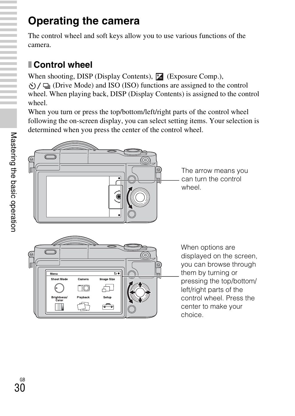 Operating the camera, Xcontrol wheel | Sony NEX-3NL User Manual | Page 30 / 88