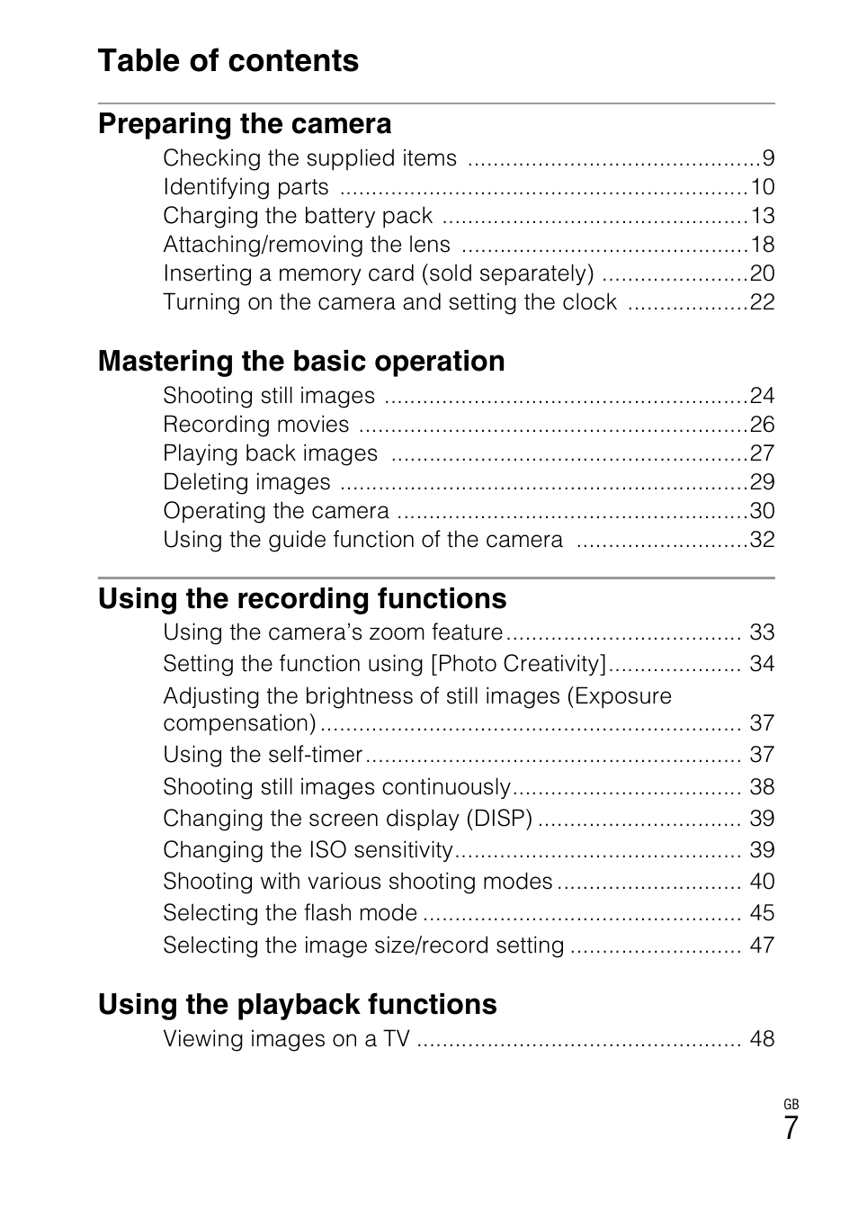 7table of contents, Preparing the camera, Mastering the basic operation | Using the recording functions, Using the playback functions | Sony NEX-3NL User Manual | Page 7 / 88