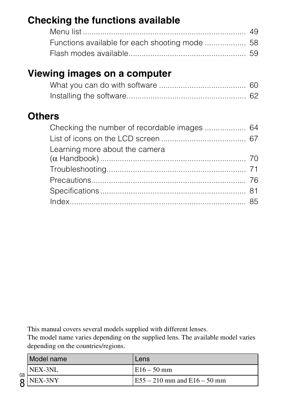 Checking the functions available, Viewing images on a computer, Others | Sony NEX-3NL User Manual | Page 8 / 88