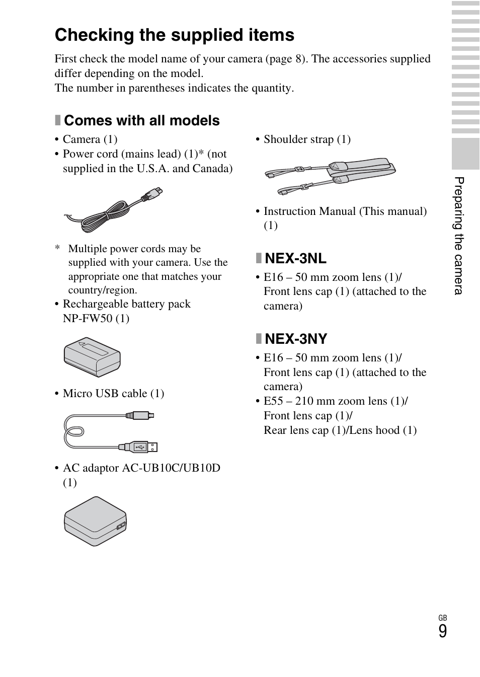 Preparing the camera, Checking the supplied items, Xcomes with all models | Xnex-3nl, Xnex-3ny | Sony NEX-3NL User Manual | Page 9 / 88
