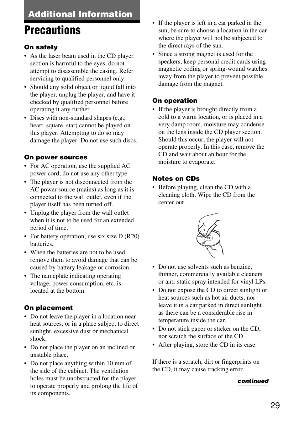 Additional information, Precautions | Sony ZS-SN10 User Manual | Page 29 / 36