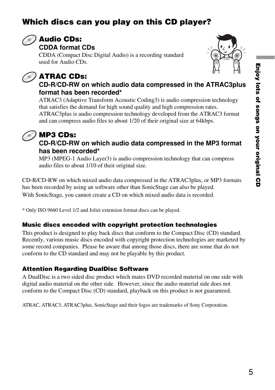 5which discs can you play on this cd player | Sony ZS-SN10 User Manual | Page 5 / 36