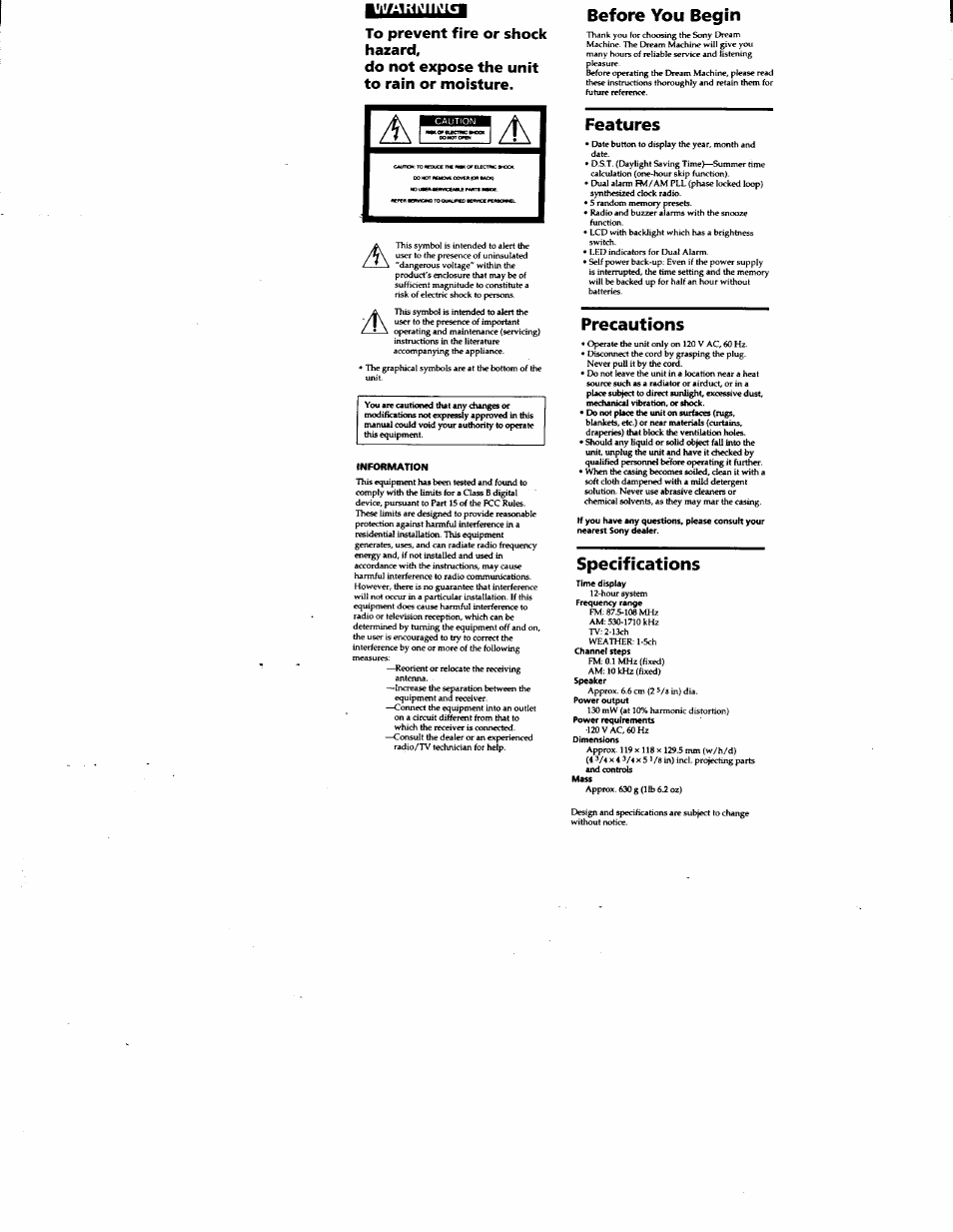 To prevent fire or shock hazard, Do not expose the unit to rain or moisture, Before you begin | Features, Precautions, Specifications | Sony ICF-C113VSILVE User Manual | Page 2 / 10