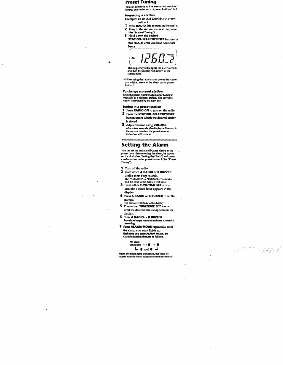 Setting the alarm, Preset tuning, Fjf c n | Sony ICF-C113VSILVE User Manual | Page 7 / 10