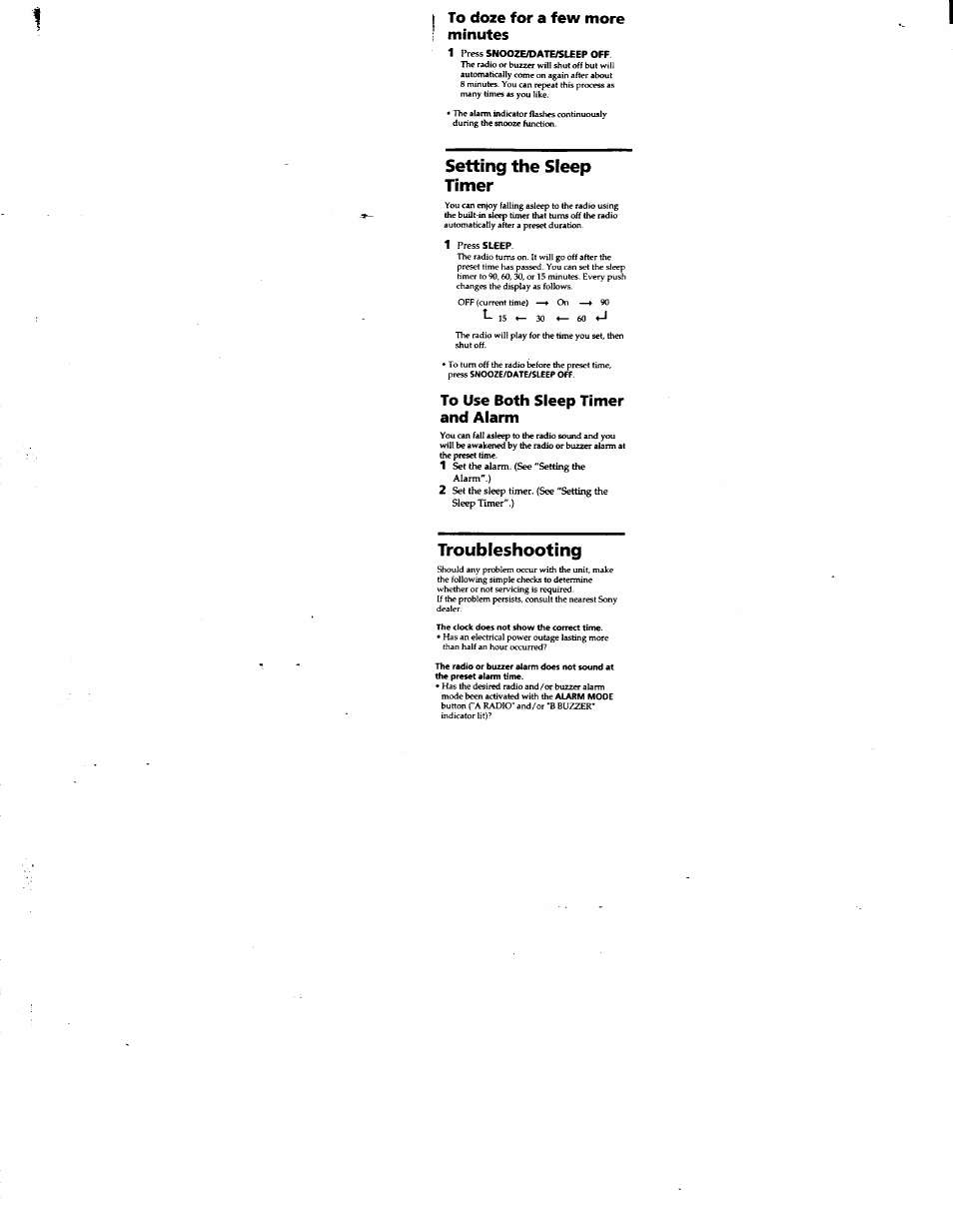 To doze for a few more minutes, To use both sleep timer and alarm, Setting the sleep timer | Troubleshooting | Sony ICF-C113VSILVE User Manual | Page 9 / 10