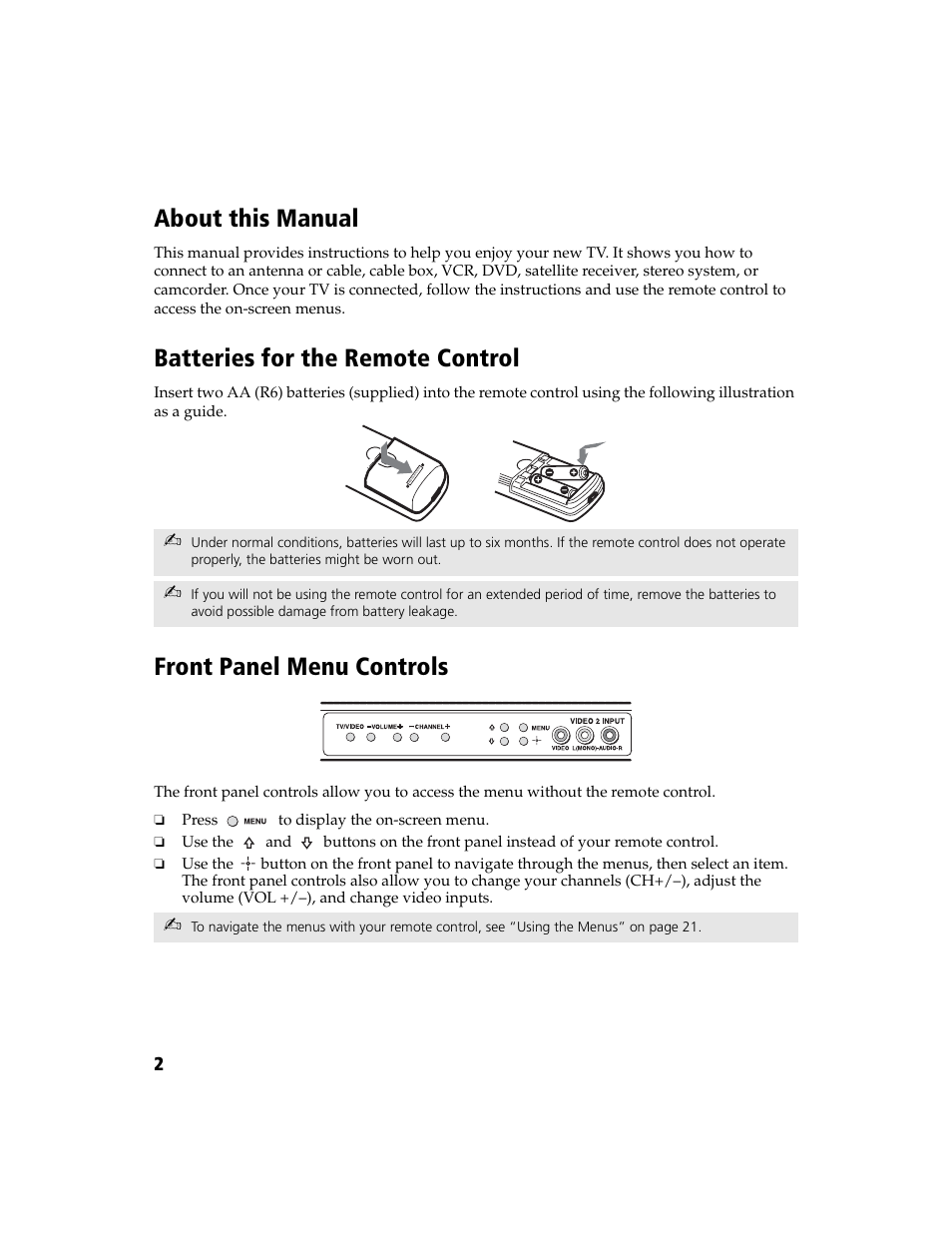 About this manual, Batteries for the remote control, Front panel menu controls | Sony WEGA  KV-32FS120 User Manual | Page 10 / 48