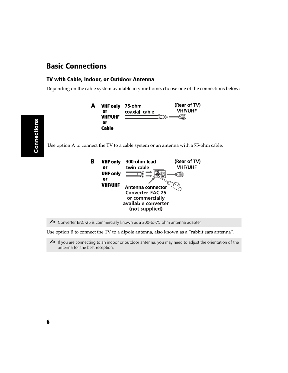 Basic connections, Tv with cable, indoor, or outdoor antenna | Sony WEGA  KV-32FS120 User Manual | Page 14 / 48