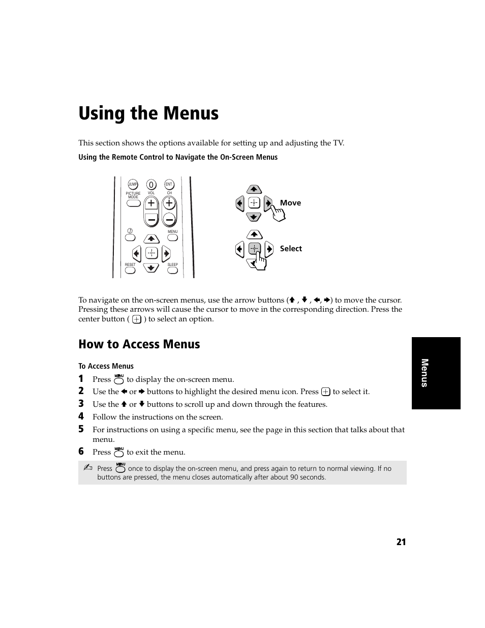 Using the menus, How to access menus | Sony WEGA  KV-32FS120 User Manual | Page 29 / 48