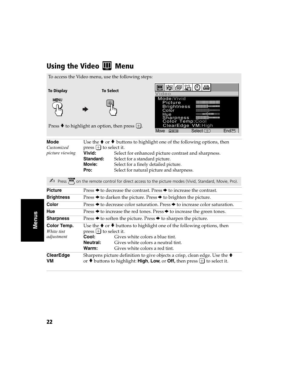 Using the video menu, Using the video, Menu | Sony WEGA  KV-32FS120 User Manual | Page 30 / 48