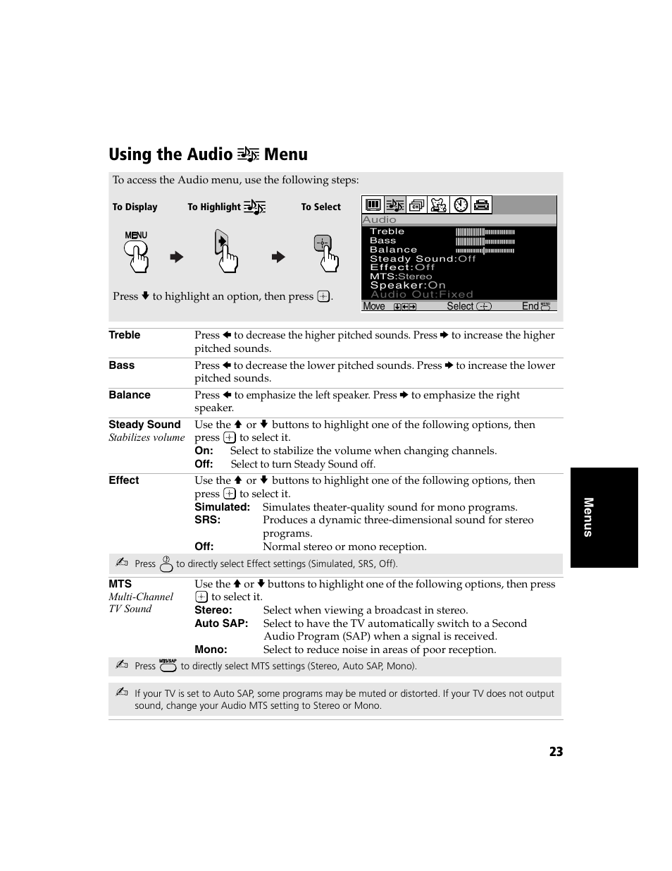 Using the audio menu, Using the audio, Menu | Sony WEGA  KV-32FS120 User Manual | Page 31 / 48