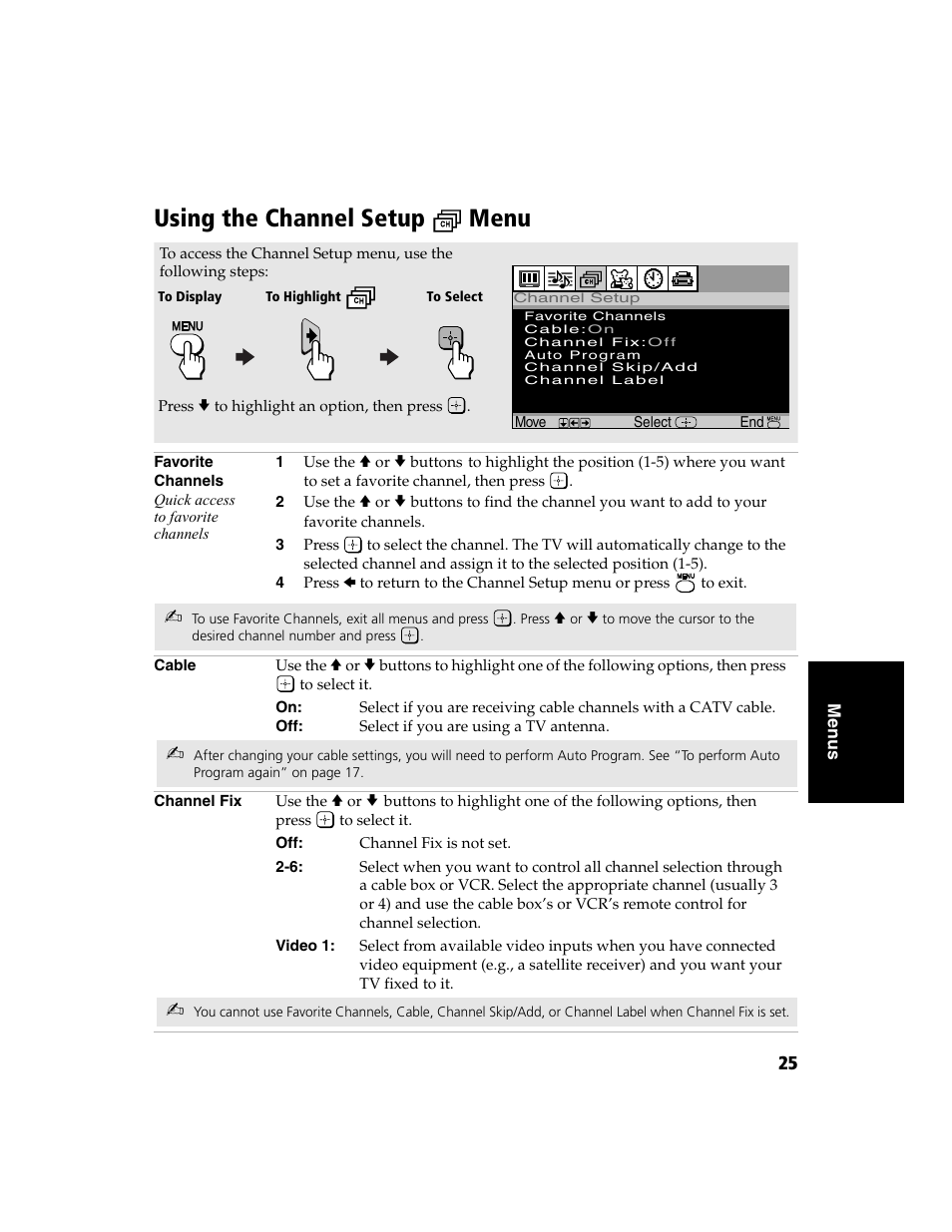 Using the channel setup menu, Using the channel setup, Menu | Sony WEGA  KV-32FS120 User Manual | Page 33 / 48