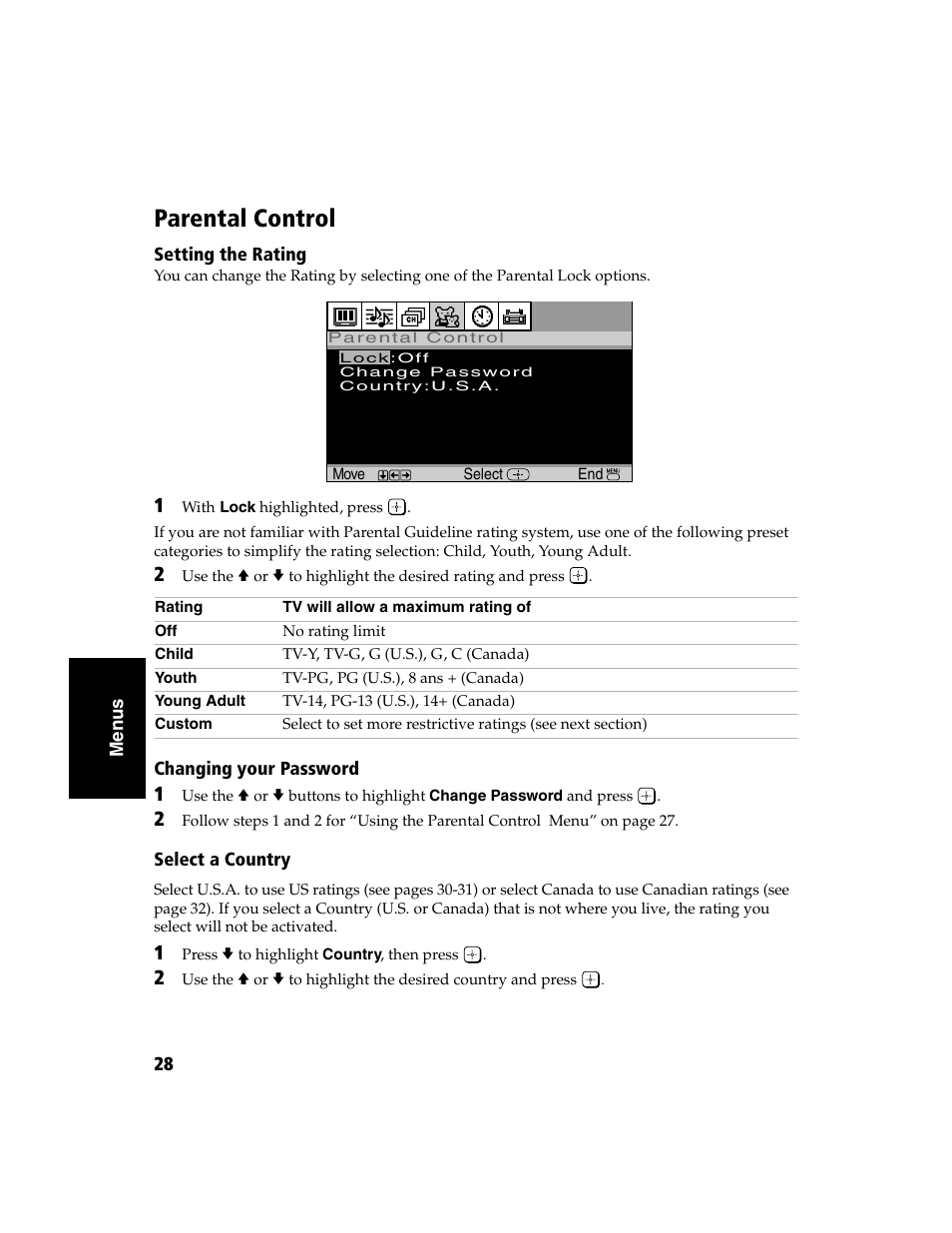 Changing your password, Select a country, Parental control | Sony WEGA  KV-32FS120 User Manual | Page 36 / 48