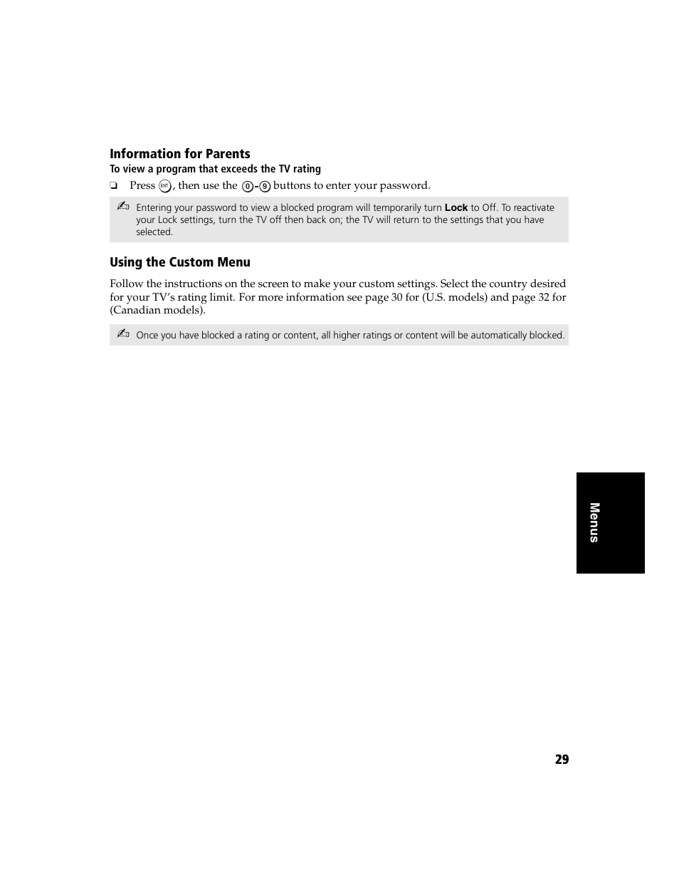 Information for parents, Using the custom menu | Sony WEGA  KV-32FS120 User Manual | Page 37 / 48