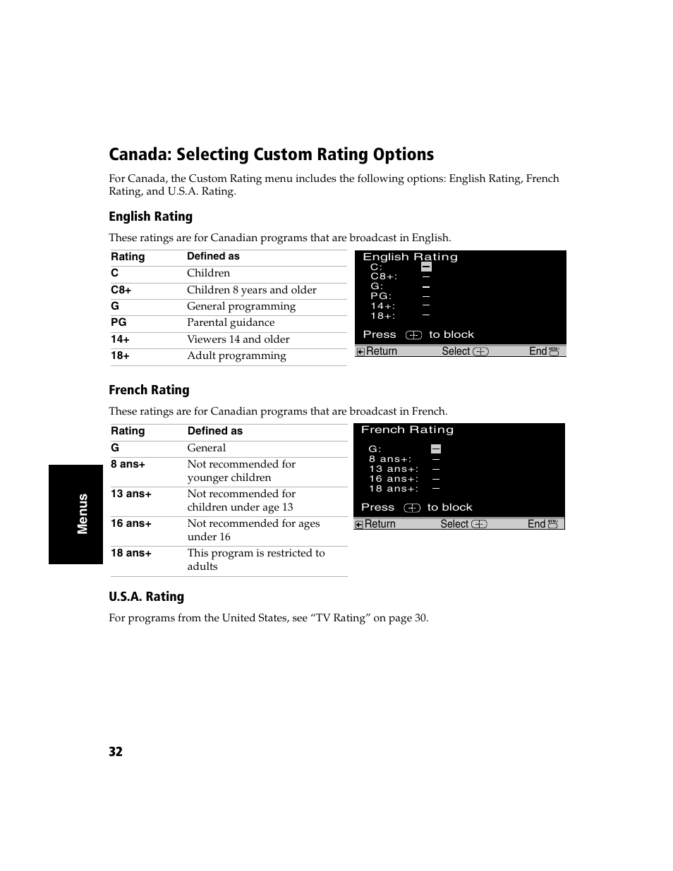 English rating, French rating, Canada: selecting custom rating options | Ge 32 | Sony WEGA  KV-32FS120 User Manual | Page 40 / 48