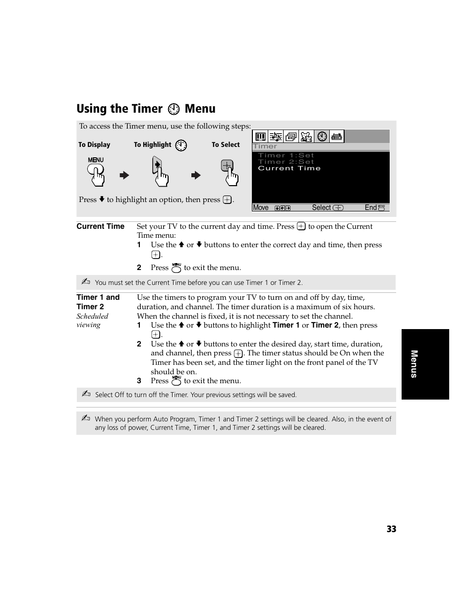 Using the timer menu, Using the timer, Menu | Sony WEGA  KV-32FS120 User Manual | Page 41 / 48