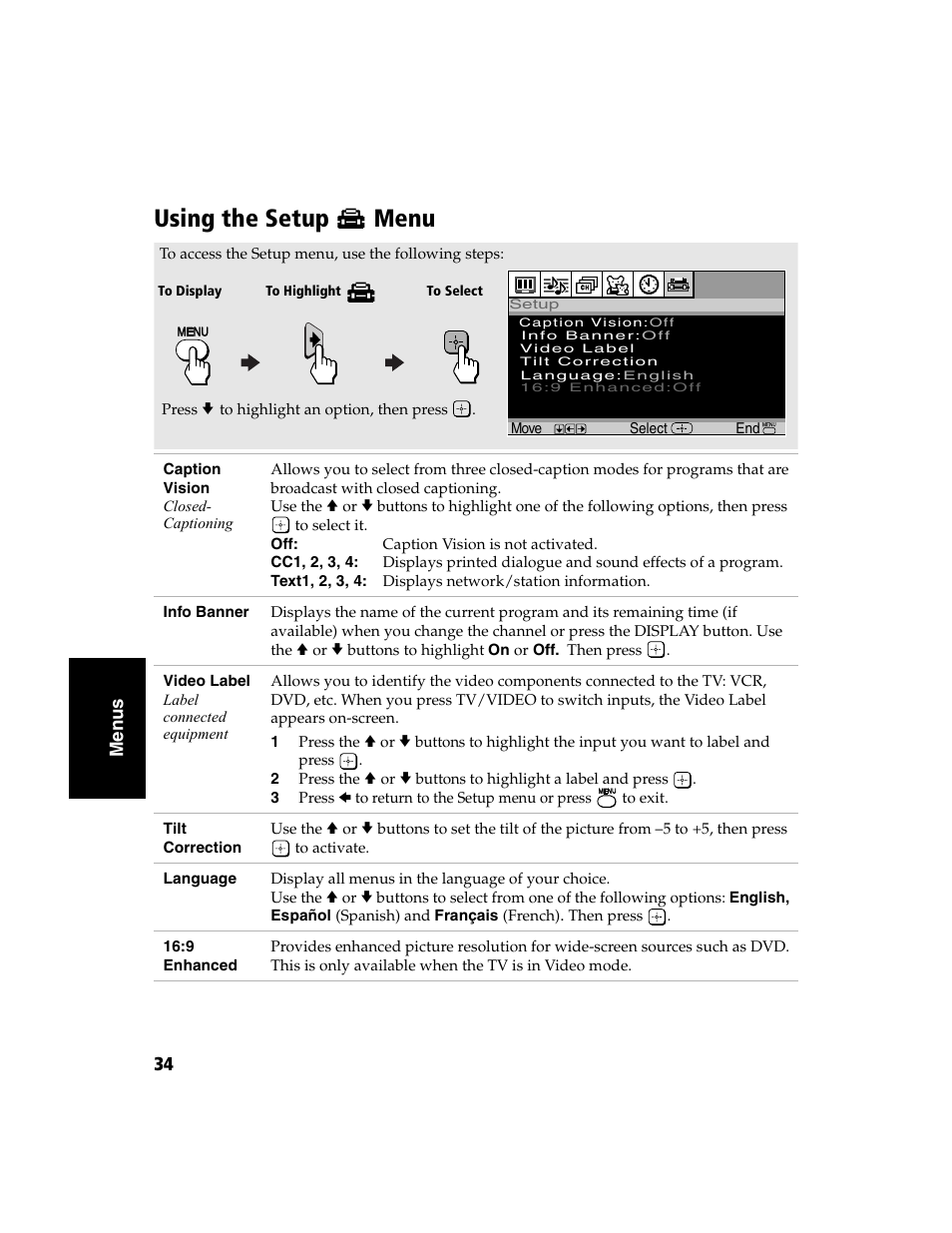 Using the setup menu, Using the setup, Menu | Sony WEGA  KV-32FS120 User Manual | Page 42 / 48