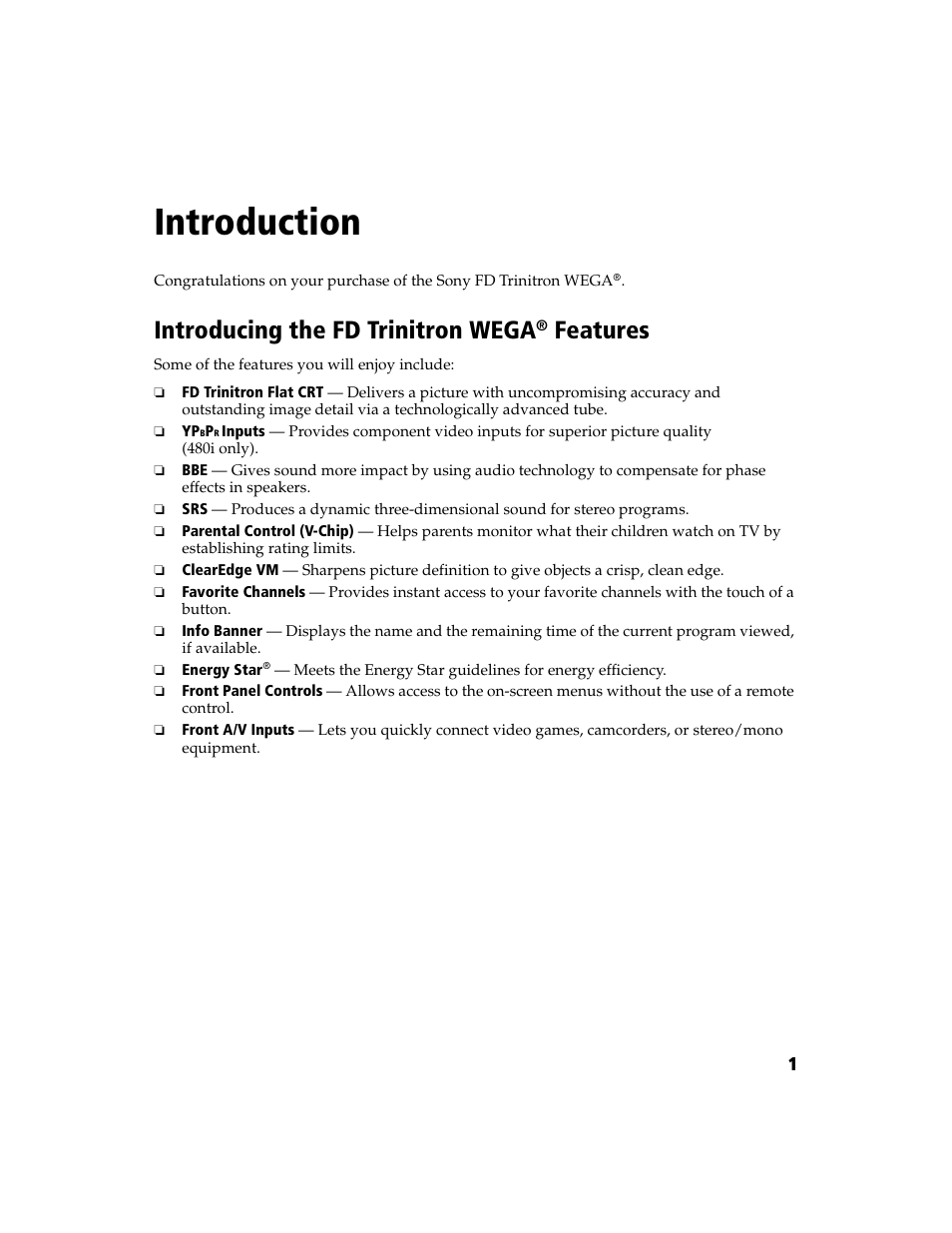 Introduction, Introducing the fd trinitron wega® features, Introducing the fd trinitron wega | Features | Sony WEGA  KV-32FS120 User Manual | Page 9 / 48