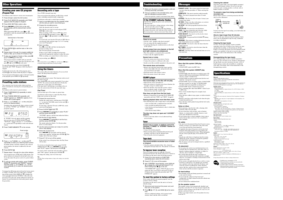Other operations, Troubleshooting, Messages | Precautions, Speciﬁcations | Sony MHC-EC70 User Manual | Page 2 / 2