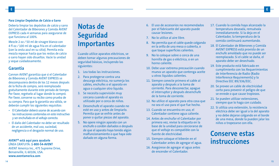 Notas de seguridad importantes, Conserve estas instrucciones, Garantía | Philips AVENT Express Bottle and Babyfood Warmer SCF255-11 User Manual | Page 8 / 8