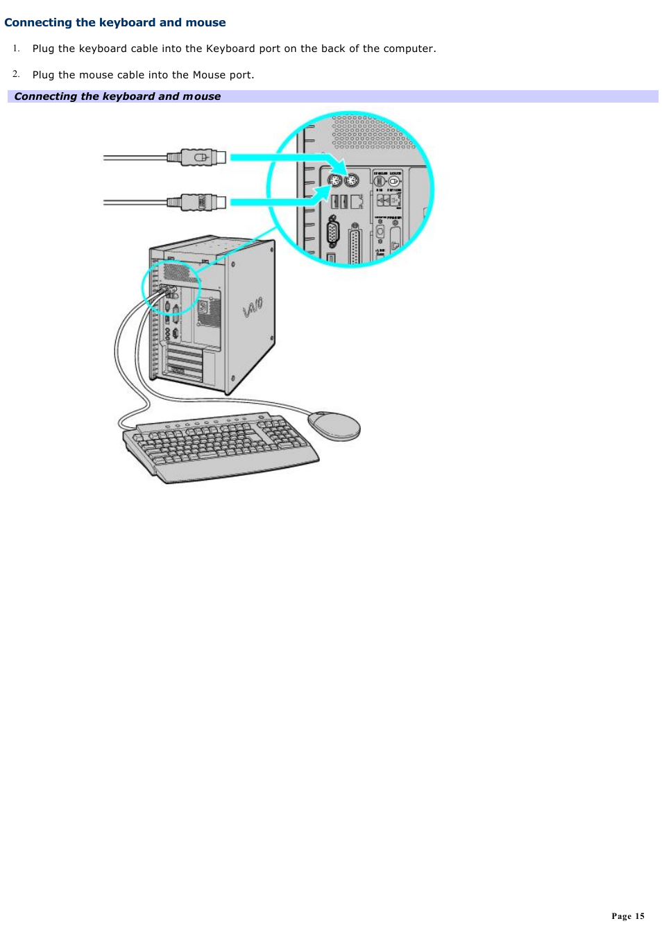 Connecting the keyboard and mouse | Sony PCV-RX741 User Manual | Page 15 / 80