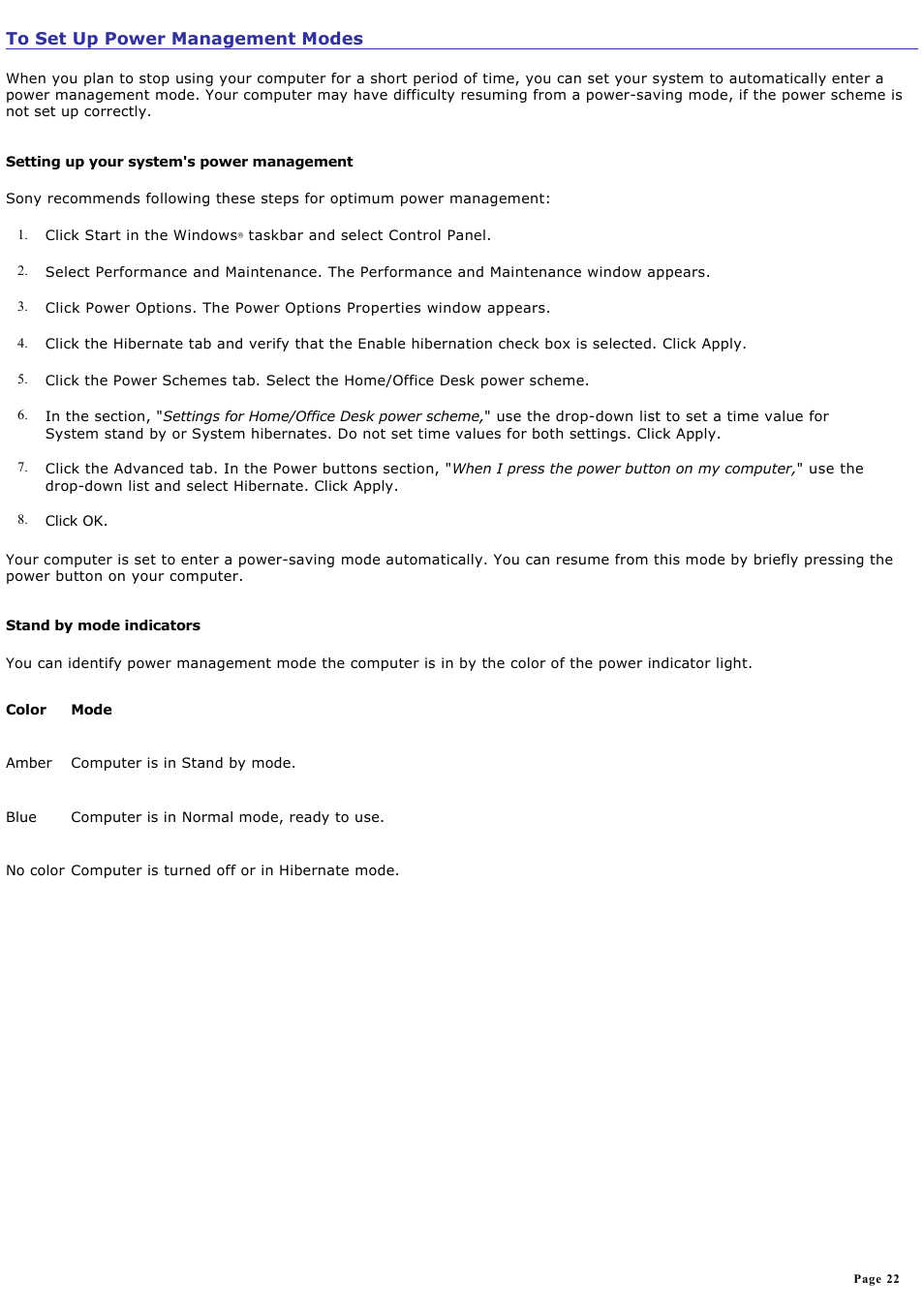 To set up power management modes | Sony PCV-RX741 User Manual | Page 22 / 80