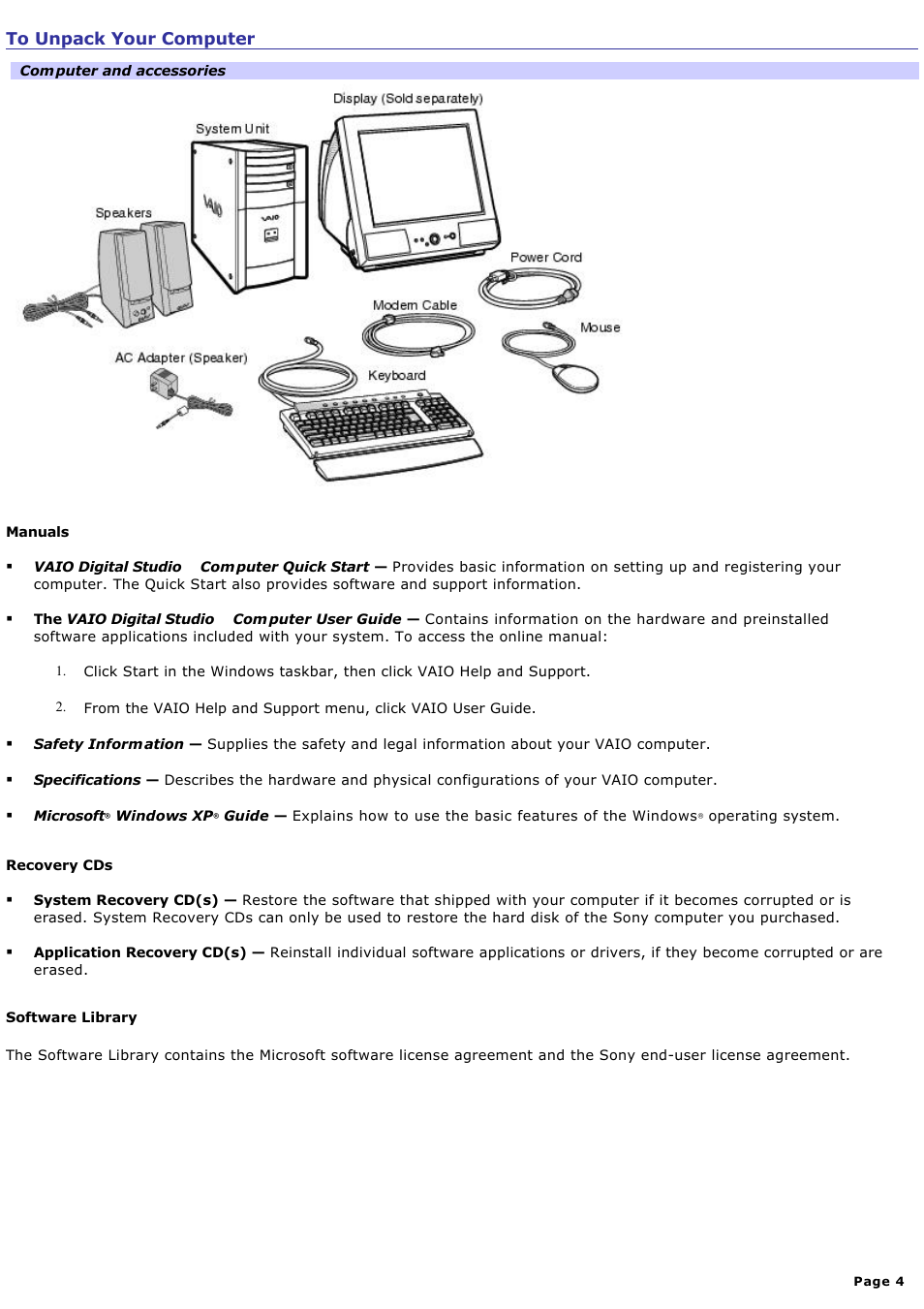 To unpack your computer | Sony PCV-RX741 User Manual | Page 4 / 80