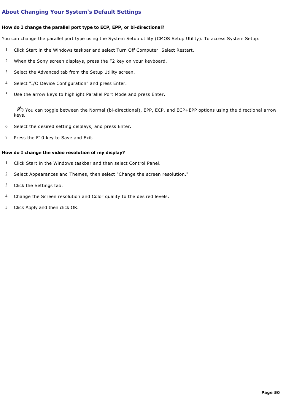 About changing your system's default settings | Sony PCV-RX741 User Manual | Page 50 / 80