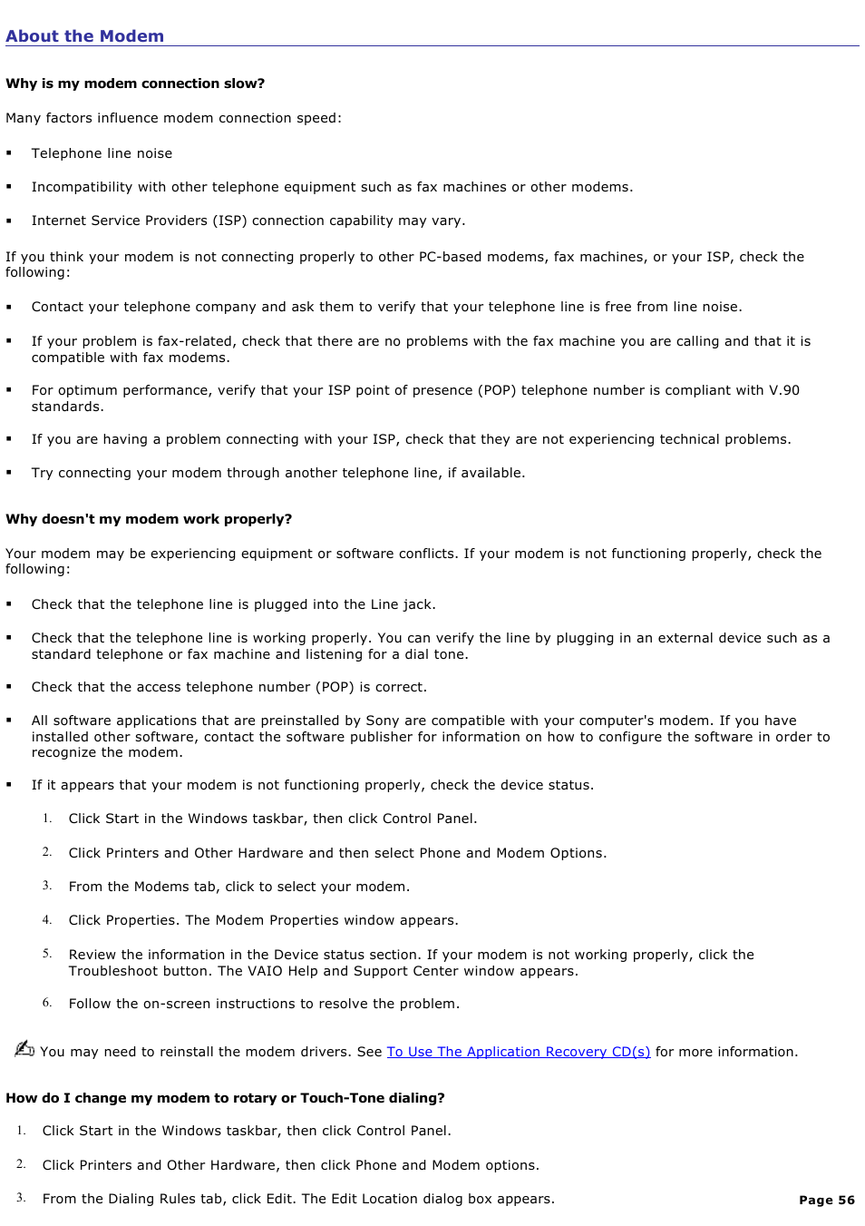 About the modem | Sony PCV-RX741 User Manual | Page 56 / 80