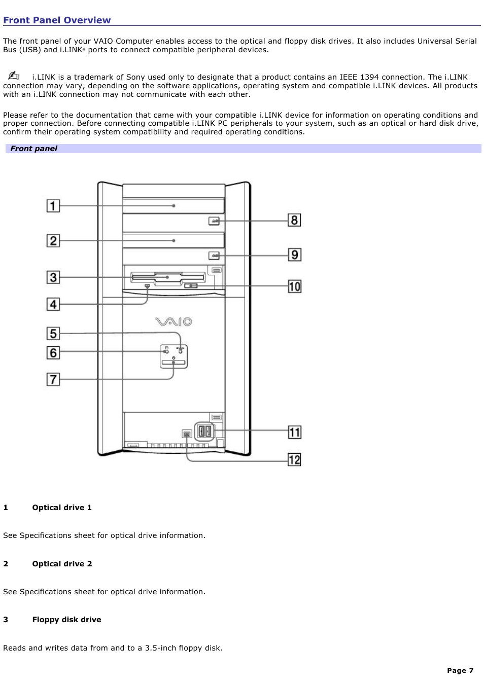 Front panel overview | Sony PCV-RX741 User Manual | Page 7 / 80