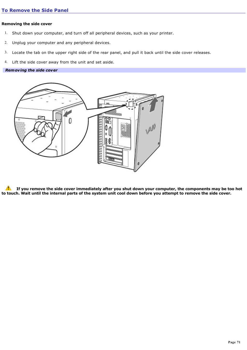 To remove the side panel | Sony PCV-RX741 User Manual | Page 71 / 80