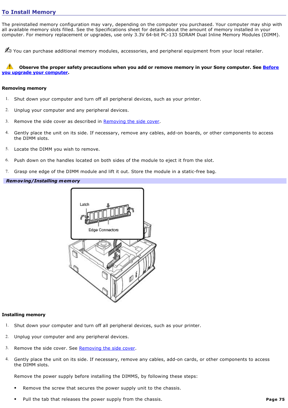 To install memory | Sony PCV-RX741 User Manual | Page 75 / 80