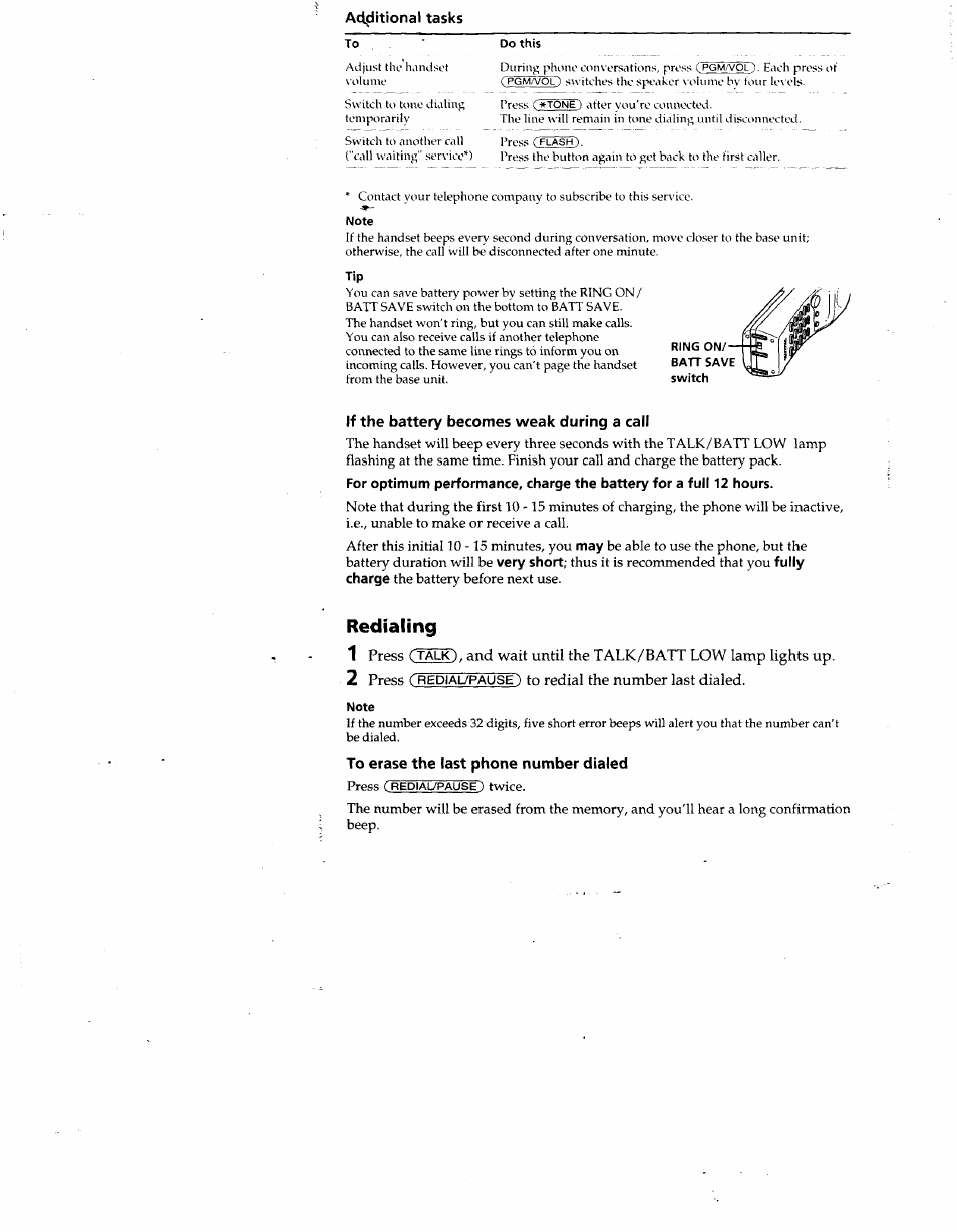 Act^itional tasks, If the battery becomes weak during a call, Redialing | To erase the last phone number dialed | Sony SPP-SS951 User Manual | Page 10 / 31