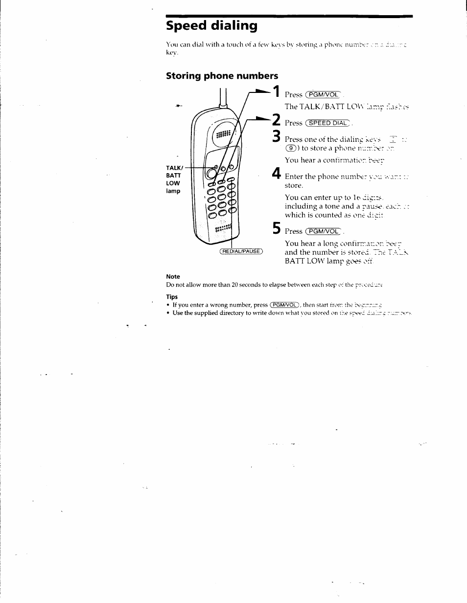 Speed dialing, Storing phone numbers | Sony SPP-SS951 User Manual | Page 11 / 31