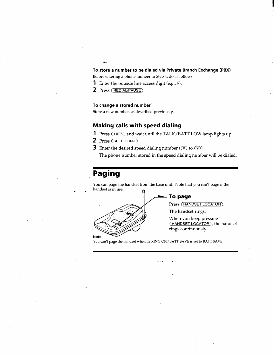 To change a stored number, Making calls with speed dialing, Paging | Sony SPP-SS951 User Manual | Page 12 / 31