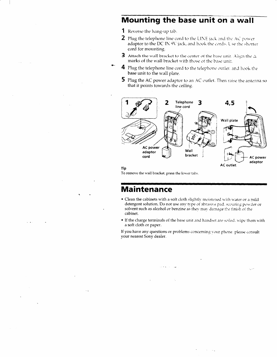 Mounting the base unit on a wall, Maintenance | Sony SPP-SS951 User Manual | Page 13 / 31