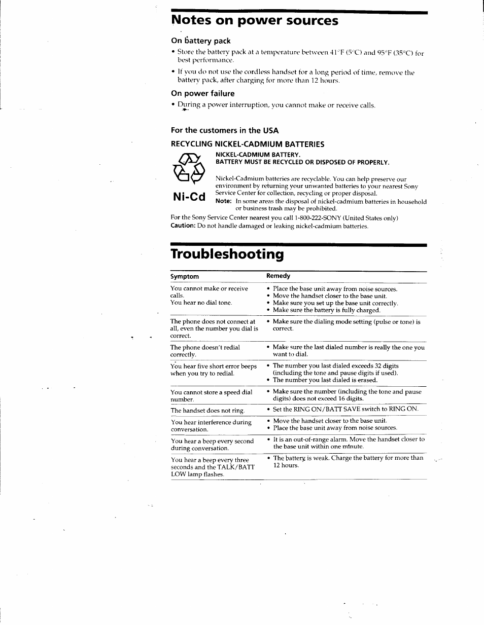 Notes on power sources, On éattery pack, On power failure | Ni-cd troubleshooting | Sony SPP-SS951 User Manual | Page 14 / 31