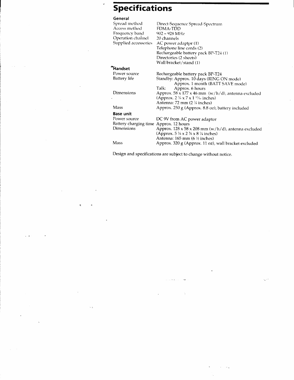 Specifications | Sony SPP-SS951 User Manual | Page 15 / 31