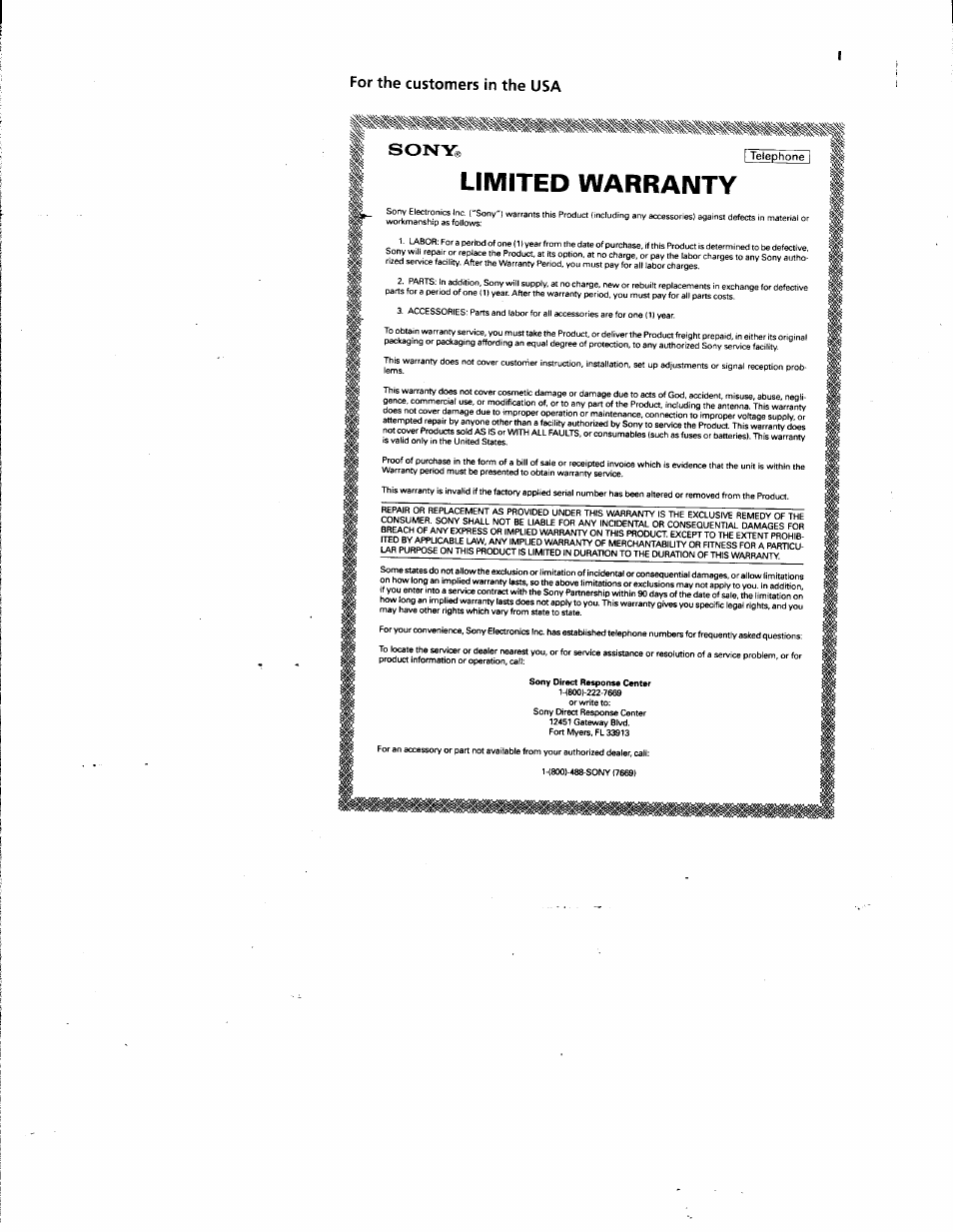 For the customers in the usa, Limited warranty | Sony SPP-SS951 User Manual | Page 16 / 31