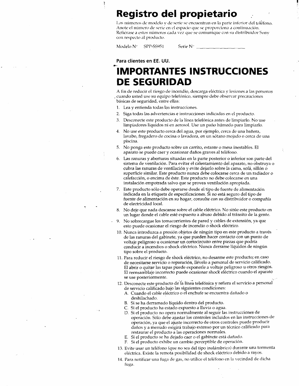Registro del propietario, Para clientes en ee. uu, Importantes instrucciones de seguridad | Sony SPP-SS951 User Manual | Page 17 / 31
