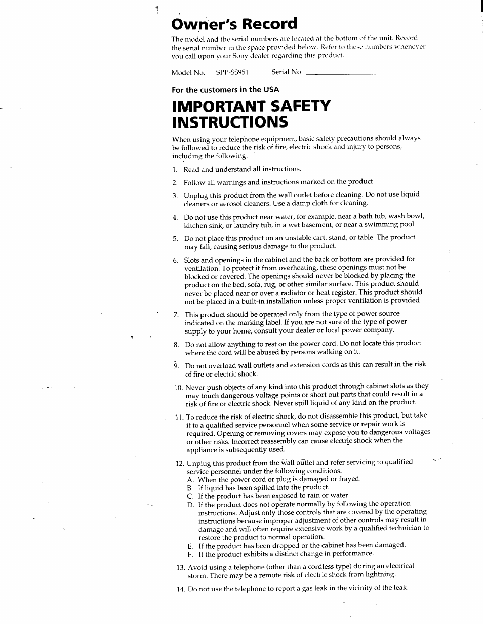 Owner's record, For the customers in the usa, Important safety instructions | Sony SPP-SS951 User Manual | Page 2 / 31