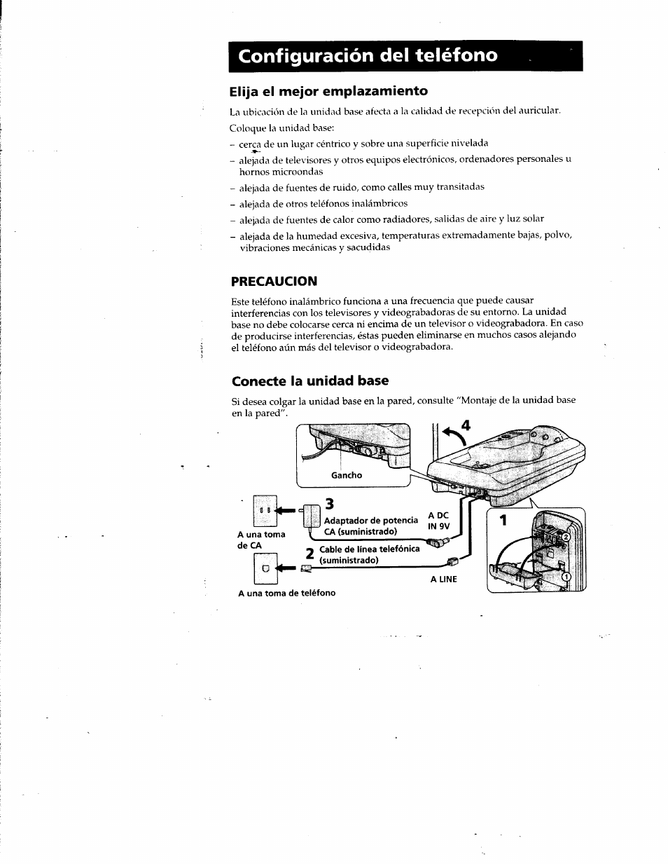 Configuración del teléfono, Elija el mejor emplazamiento, Precaucion | Conecte la unidad base | Sony SPP-SS951 User Manual | Page 21 / 31