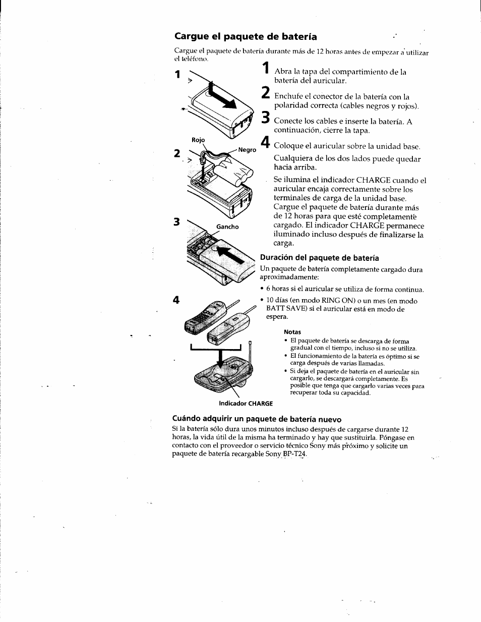 Cargue el paquete de batería, Duración del paquete de batería, Cuándo adquirir un paquete de batería nuevo | Sony SPP-SS951 User Manual | Page 23 / 31