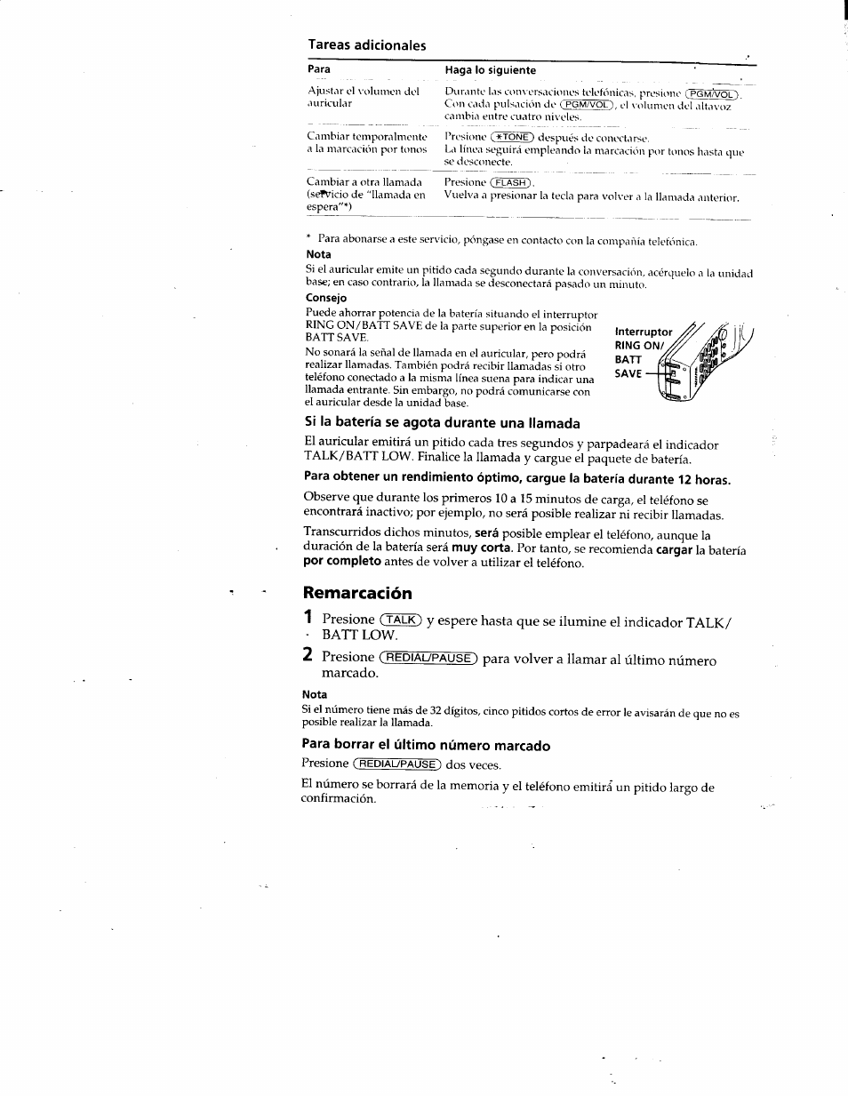 Tareas adicionales, Si la batería se agota durante una llamada, Remarcación | Para borrar el último número marcado | Sony SPP-SS951 User Manual | Page 25 / 31