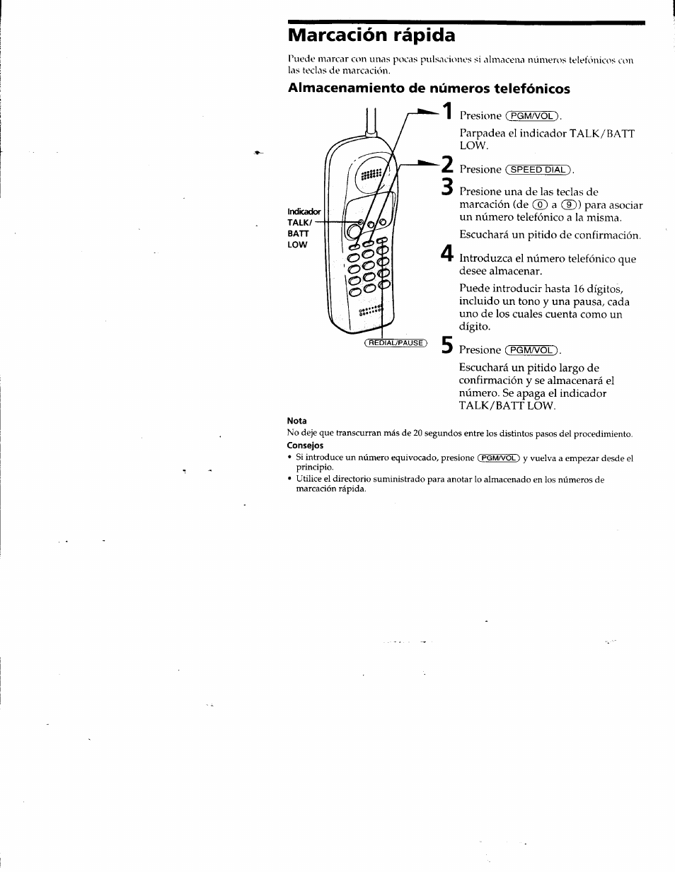 Marcación rápida, Almacenamiento de números telefónicos | Sony SPP-SS951 User Manual | Page 26 / 31